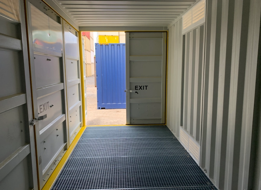 Dangerous goods shipping container inside facing doors.