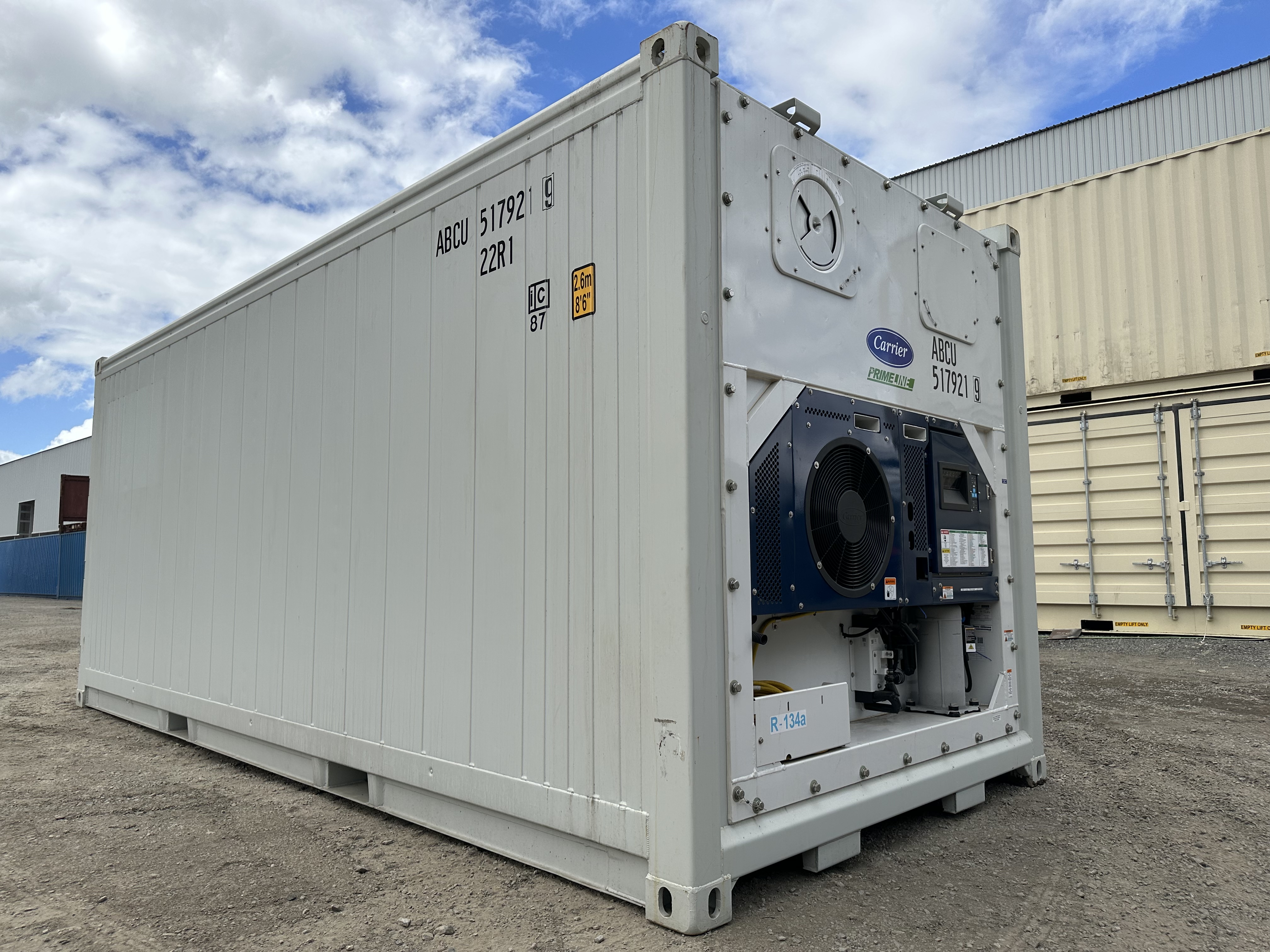 The back angle of a refrigerated shipping container