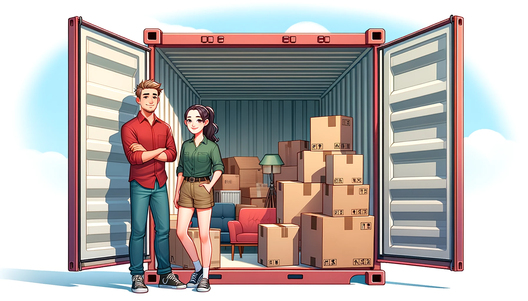 A cartoon couple standing next to a container that they have packed with their belongings.