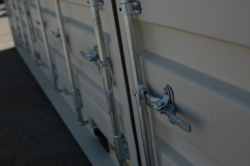 Doors of a side opening shipping container.