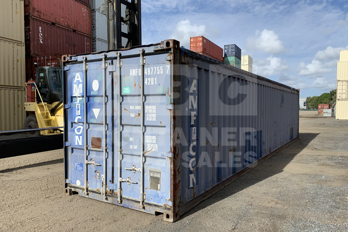 Rank 4 out of 10 used blue 40 foot standard height open top container (tarp and wire) timber floor in Perth.