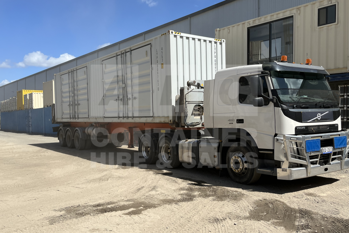 Rank 9 out of 10 new build grey 40 foot high cube container (with 2 sets of container doors in RHS wall) in Brisbane.