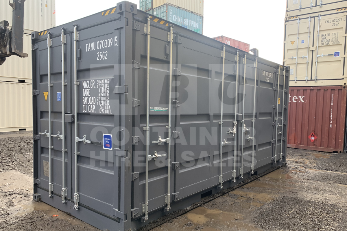 Rank 10 out of 10 new build grey 20 foot high cube full side opening (RHS) shipping container in Lismore.
