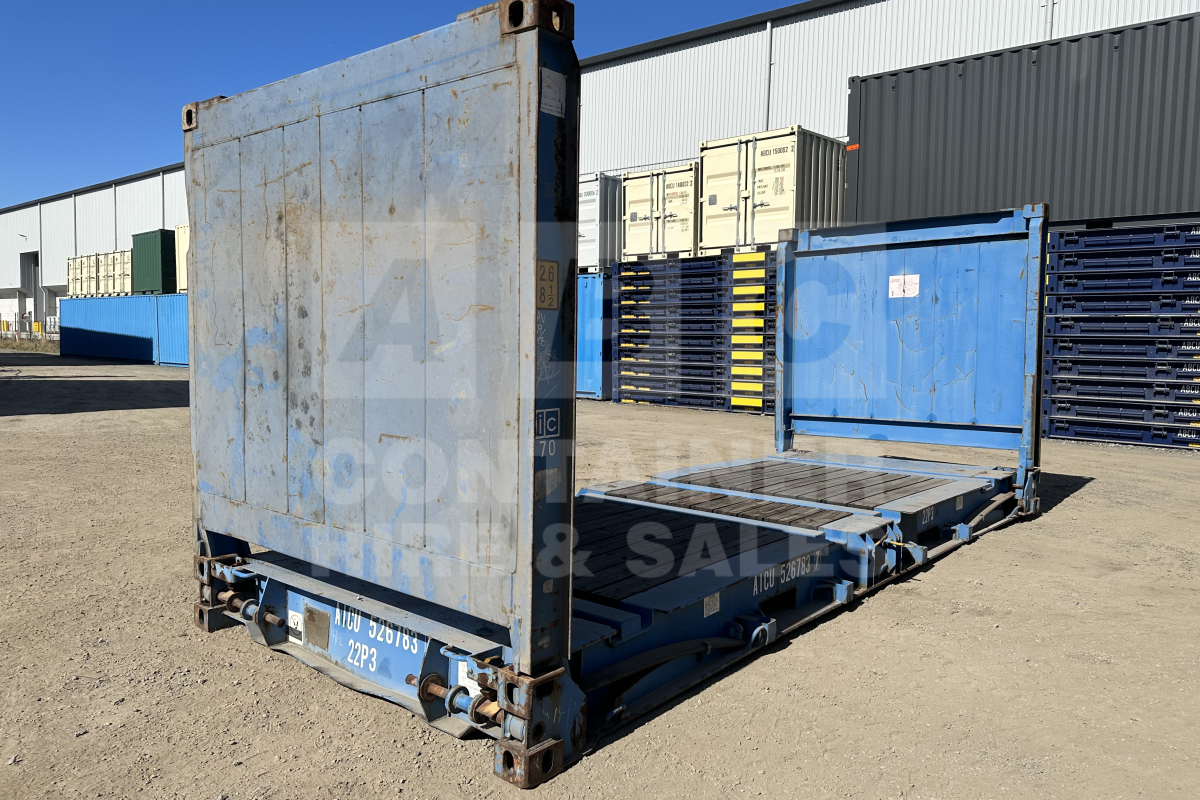Rank 4 out of 10 used blue 20 foot flat rack (with end walls) in Brisbane.