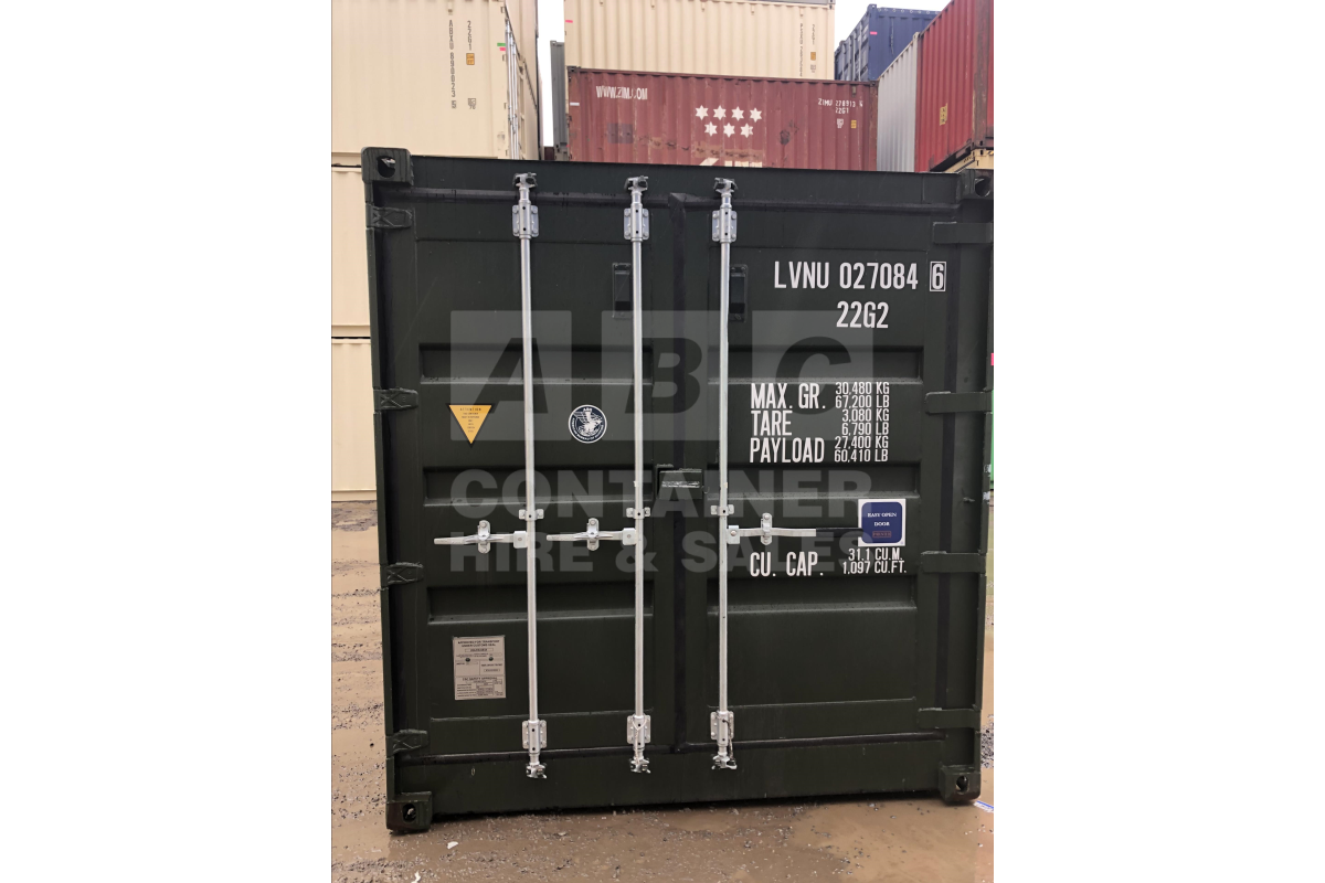 Rank 9 out of 10 new build green 20 foot standard height full side opening container in Brisbane.