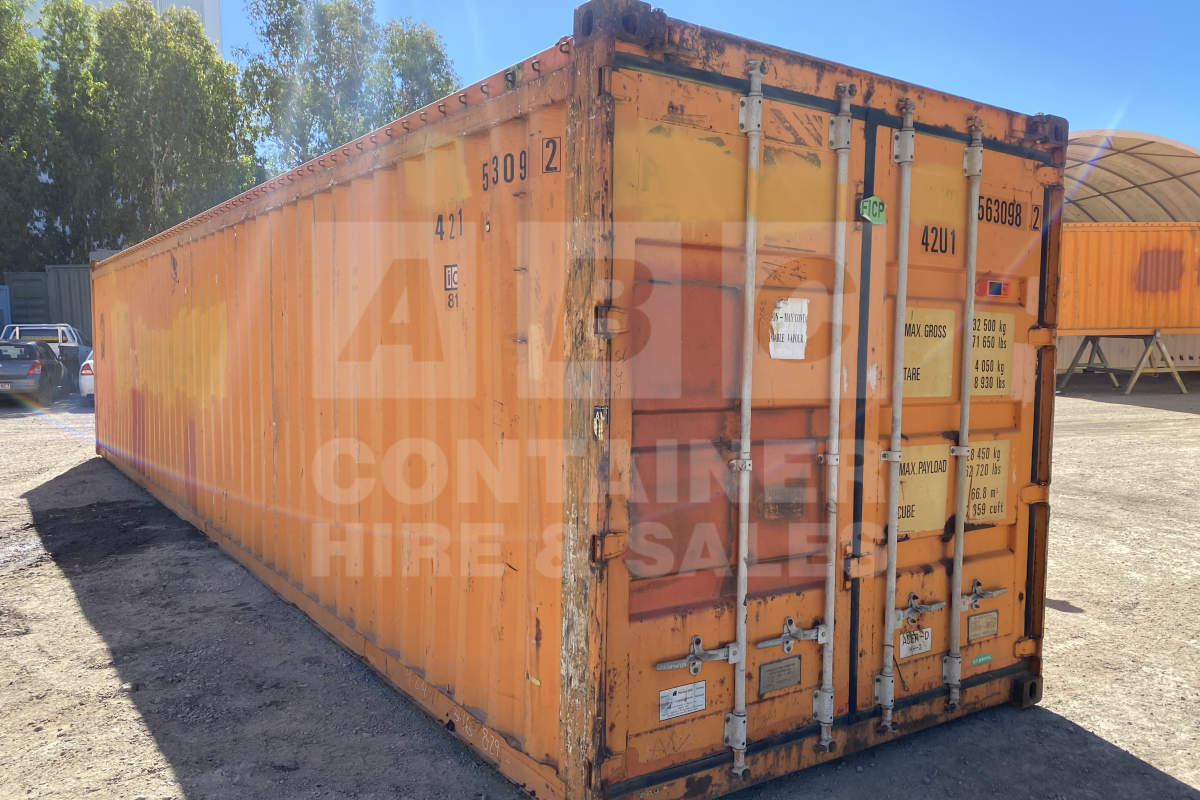 Rank 3 out of 10 used orange 40 foot standard height open top container (tarp and wire) timber floor in Brisbane.
