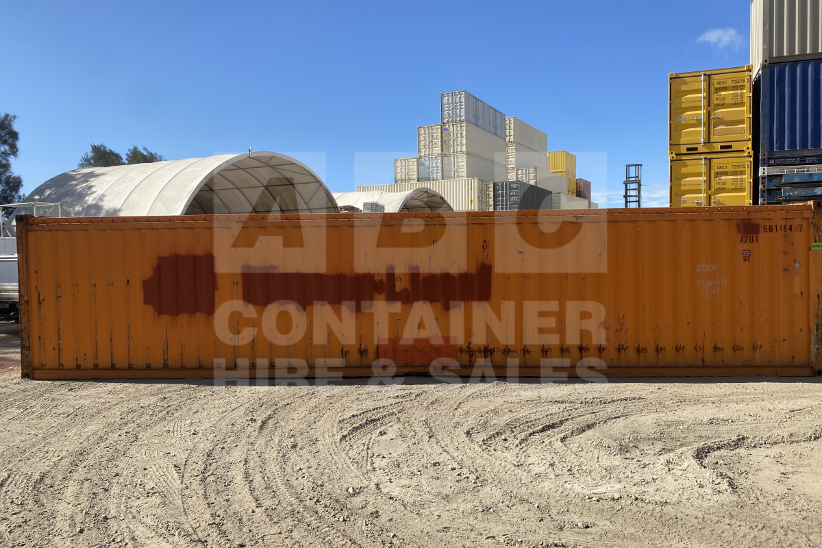 Rank 2 out of 10 used orange 40 foot standard height open top container (tarp and wire) timber floor in Brisbane.