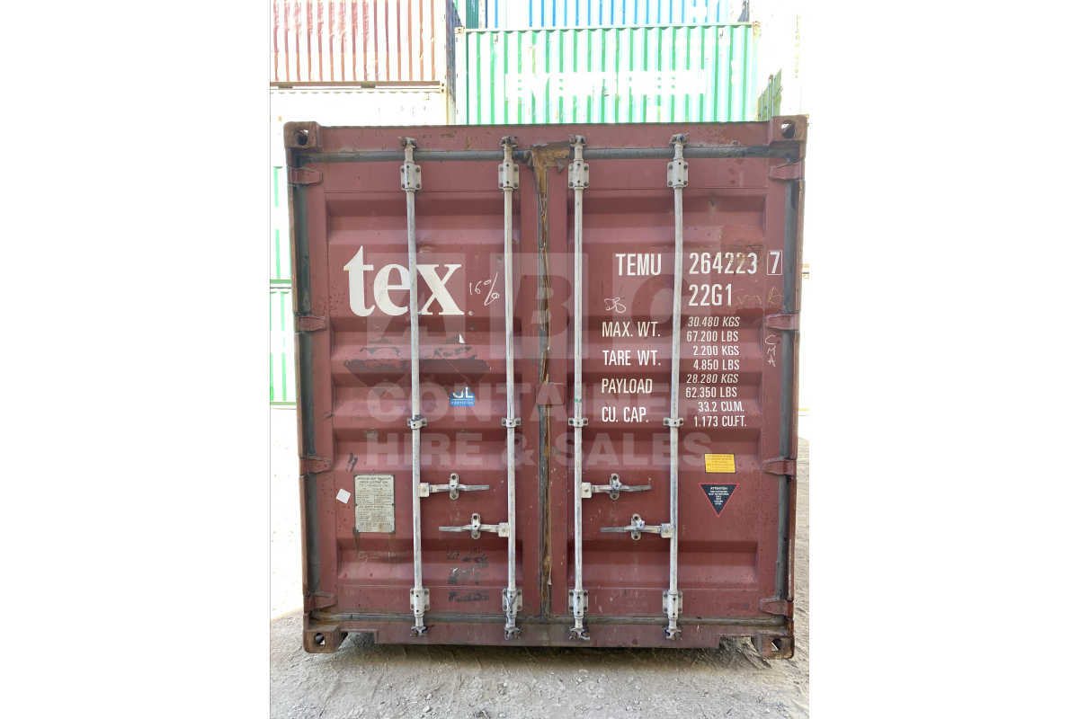 Rank 3 out of 10 used red 20' Standard Height Steel Container (with doors one end only) in Gympie.