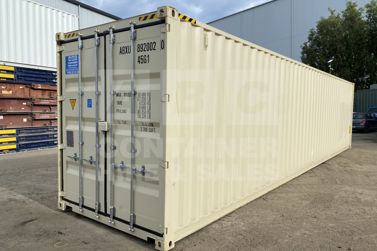 Rank 9 out of 10 new build cream 40 foot high cube steel floor shipping container in Brisbane.