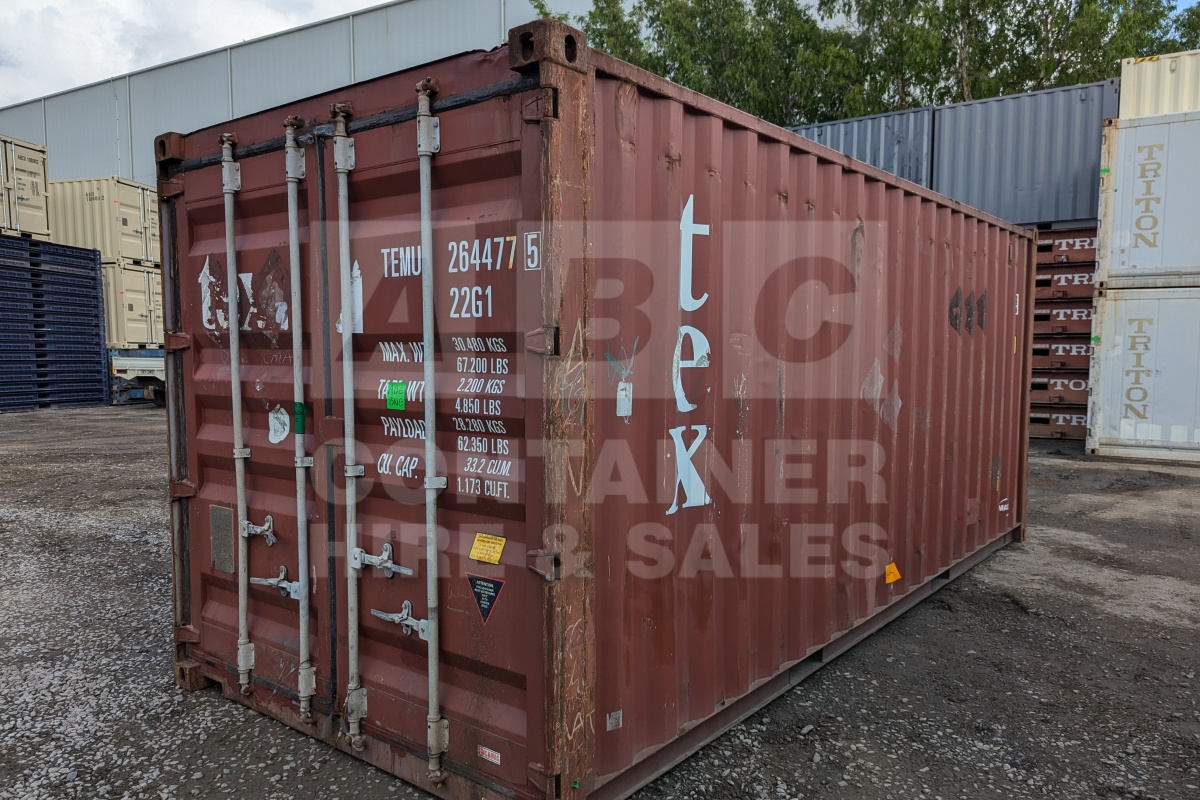 Rank 4 out of 10 used red 20' Standard Height Steel Container (with doors one end only) in Rockhampton.