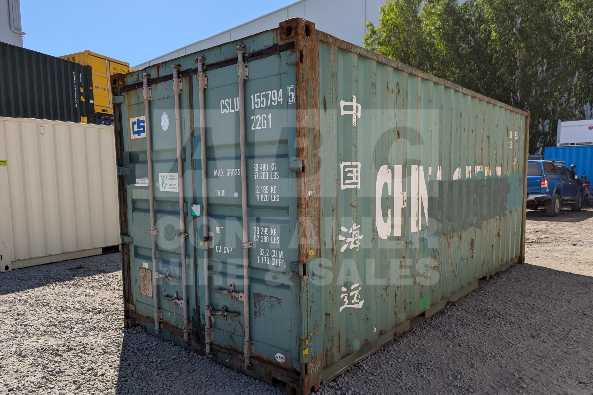Rank 2 out of 10 used green 20' Standard Height Steel Container (with doors one end only) in Gympie.