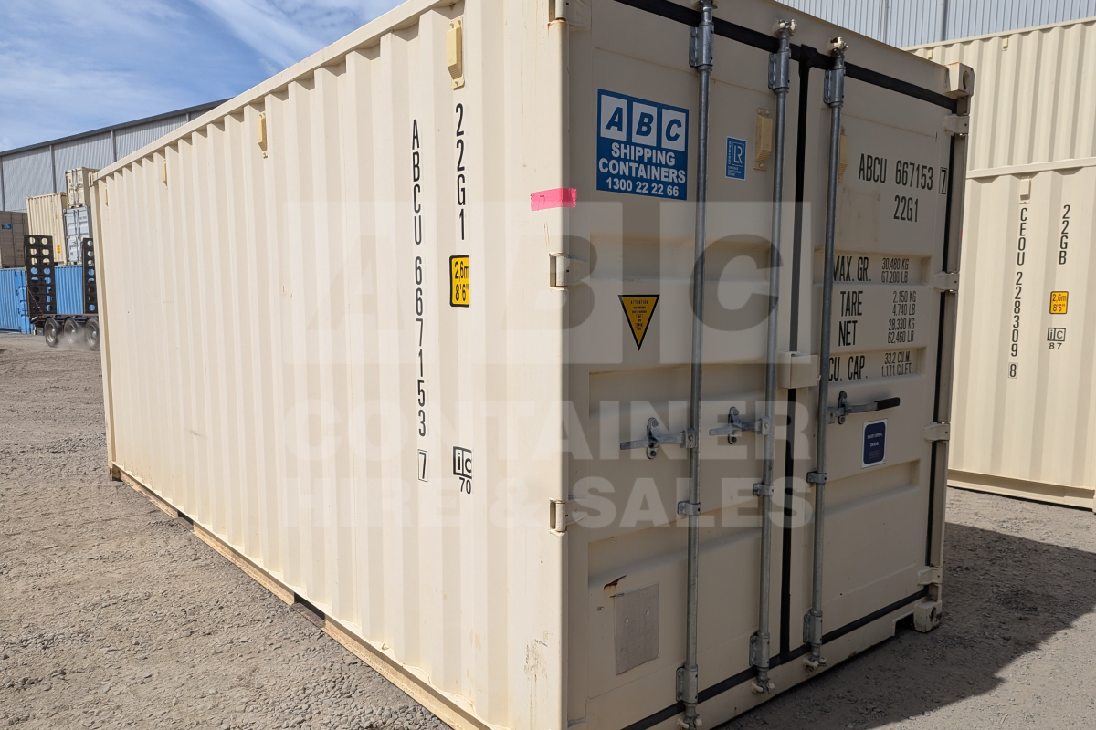 Rank 7 out of 10 used cream 20' Standard Height Steel Container (with doors one end only) in Brisbane.